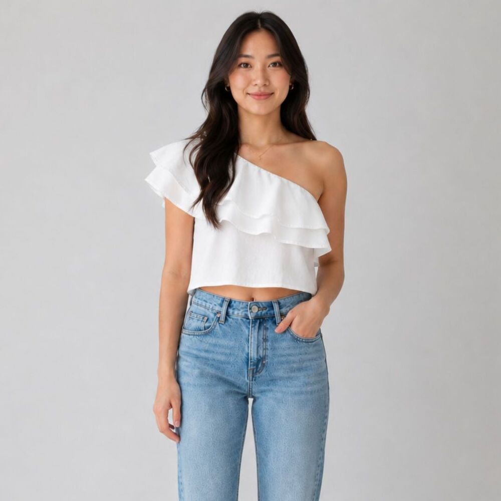 Mi Ami One Shoulder Ruffle 100% Cotton Top White Size M Boho Summer Blouse